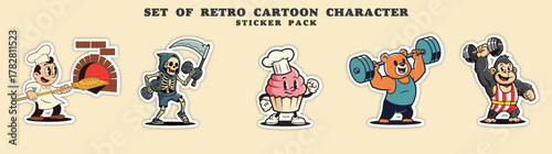 Set of Retro Cartoon Characters in Various Poses and Professions