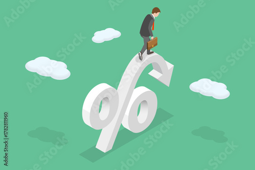 3D Isometric Flat Vector Illustration of Interest Rate Fall, Economic Downturn, Impact Of Falling Inflation, and Stock Market Value Loss
