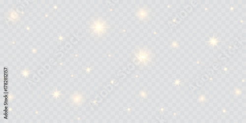 Golden glowing dust with gentle bokeh lights and sparkling confetti on a transparent background. A warm yellow radiance creates a magical, festive atmosphere for Christmas and holiday designs. Vector.