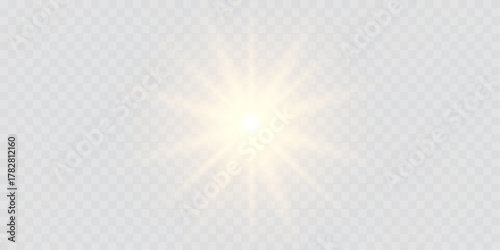 Transparent vector sunlight lens flare with glowing light rays, glittering stars, and bright sparks. Includes yellow light reflections and neon illumination effects for modern, radiant visual designs.