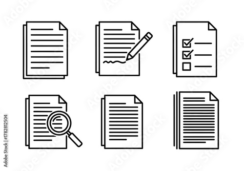 Collection of document icons depicting paperwork review and checklists