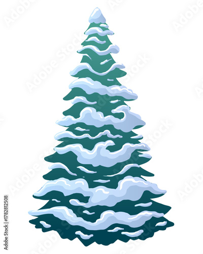 Vector object green fir tree in snow isolated on white background 