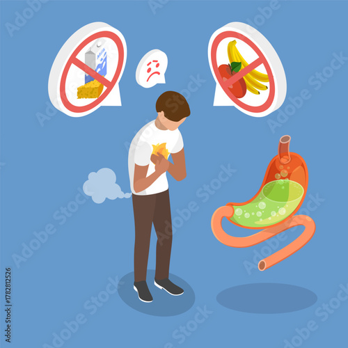 3D Isometric Flat Vector Illustration of Food Intolerance, Individual Suffering Due To Immune Response To Specific Food Protein