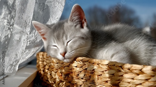 A sleeping, gray kitten rests in a woven basket by a window with sheer curtains