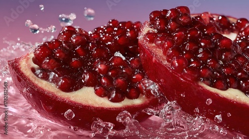 A sliced pomegranate with ruby-red seeds, water splashing, against a pink background