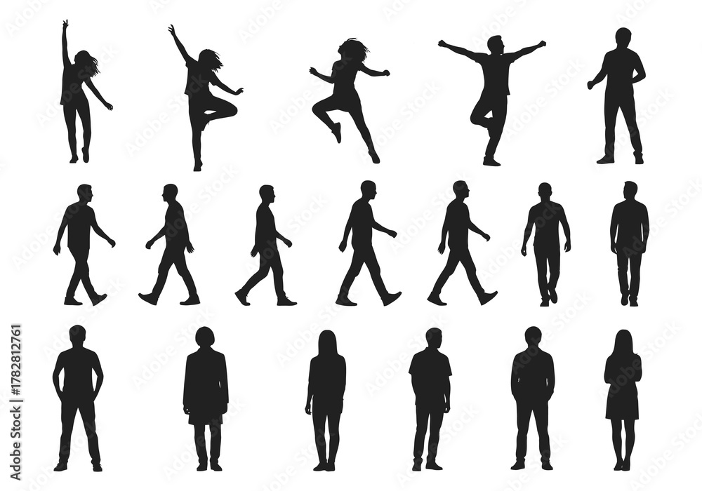Obraz premium Collection of black silhouettes showing people in various dynamic poses