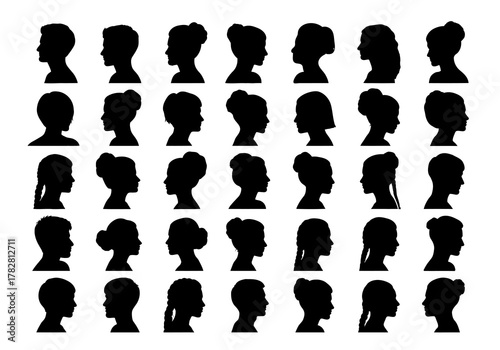 A collection of black silhouettes depicting various human head profiles