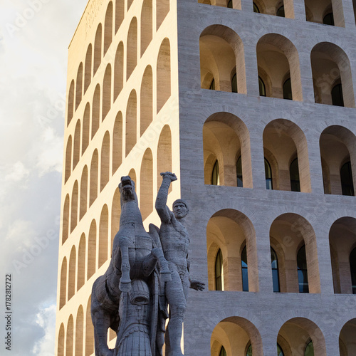 Photography View of the Palazzo della Civiltà Italiana, also known as the Square Colosseum, in the EUR district of Rome, Italy