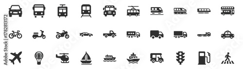 car, bus, tram, train, truck, bicycle, scooter, motorcycle, taxi, airplane, hot air balloon, helicopter, sailboat, ship, van, traffic light, gas station, pedestrian crossing, vehicle, transport, trave