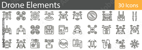 drone, uav, quadcopter, propeller, rotor, camera, controller, remote control, gps, map, navigation, target, radar, landing, takeoff, tripod, battery, charging, signal, icon, set, outline, line art, ae