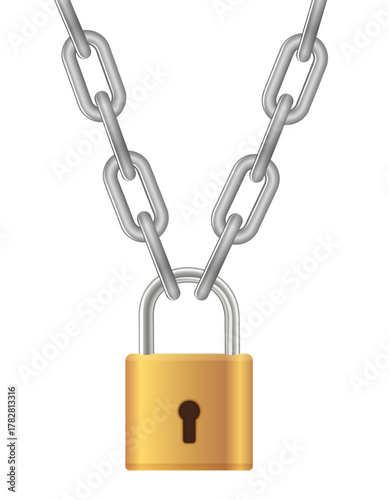 Padlock and chain. Golden metal chain and padlock, handcuffed card, vector