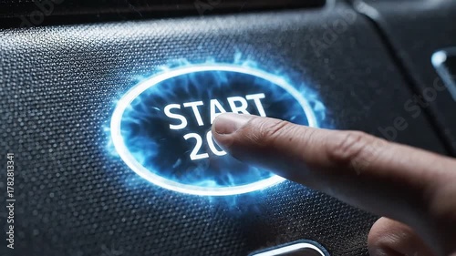Finger about to press a car ignition button with the text 2026 start.happy new year 2026 start new project.concept of start with strategy,win,plan,goal and objective target