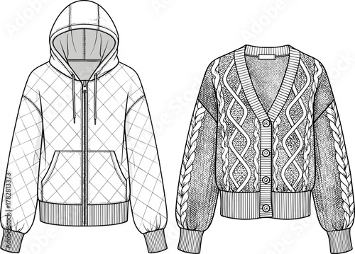 Hooded quilted jacket, cable knit cardigan, technical fashion sketch, outerwear vector drawing, garment flat illustration, cozy winter wear, apparel design template