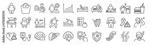 obesity, overweight, health, medical, icons, set, collection, weight scale, doctor, bmi, chart, graph, bed, sofa, refrigerator, fast food, burger, drink, measuring tape, lollipop, swimming, checklist,