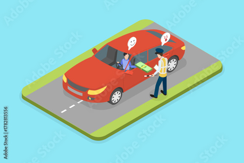 3D Isometric Flat Vector Illustration of Bribery, Motorist Attempting To Illegally Influence Law Enforcement Officer