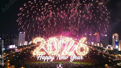 Happy New Year 2026 text animation with Glittering magical particles along with snowy, twirly particles and fireworks background

