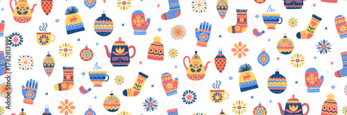 Cozy Scandinavian Winter Seamless Pattern with Teapots, Mittens and Socks, Hygge Holiday Vector