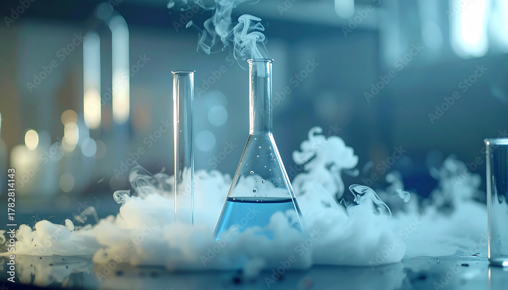 Fototapeta premium Glass Erlenmeyer flask and transparent test tube with smoke effect, chemical experiment concept