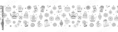 Cozy Scandinavian Winter Seamless Border Pattern with Teapots, Mittens and Socks, Hygge Holiday Vector