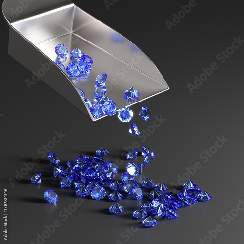 Sapphires pour out of the scoop on the dark background. Selection and sorting of stones. Jewelry industry. 3d rendering.