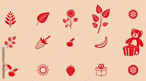 Cute hand-drawn nature and fruit elements collection with panda illustration