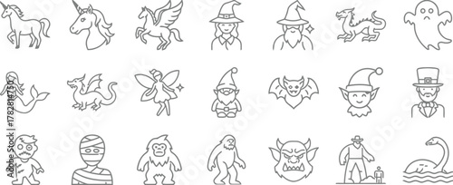 fantasy, creature, icon, character, myth, legend, unicorn, pegasus, dragon, ghost, mermaid, fairy, gnome, vampire, elf, leprechaun, zombie, mummy, bigfoot, monster, explorer, loch ness monster, outlin