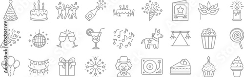 party, celebration, birthday, holiday, event, icon, illustration, line art, outline, simple, minimalist, set, collection, vector, design element, confetti, balloon, gift, cake, music, disco ball, cham