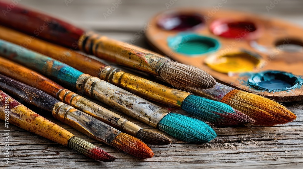 Fototapeta premium Set of Artistic Brushes with Vibrant Paint on Wooden Background