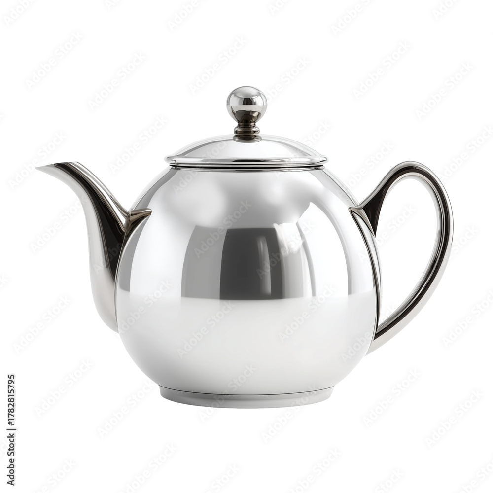 Fototapeta premium Polished Silver Teapot with Curved Handle and Spout on White isolated on a transparent background metal
