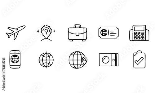 Hand drawn travel and vacation icons for a trip