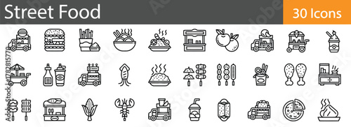 street food, food truck, vendor, cart, burger, fries, noodles, rice, squid, chicken legs, corn, lobster, pizza, drink, ice cream, hot dog, skewer, takeaway, fast food, mobile food, urban food, cuisine