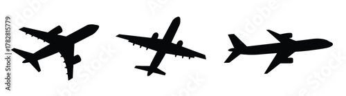 airplane, aircraft, plane, jet, travel, transportation, silhouette, black, white background, icon, symbol, aviation, flight, wing, engine, tail, modern, simple, graphic, design, set, collection, aeria