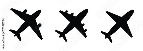 airplane, aircraft, plane, jet, travel, transportation, silhouette, black, white background, icon, symbol, aviation, flight, wing, engine, tail, modern, simple, graphic, design, set, collection, aeria