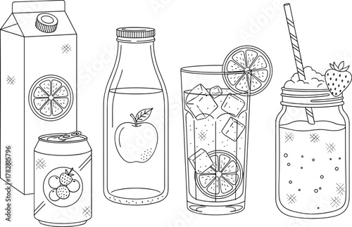 Collection of beverage containers and drinks isolated on white background