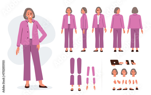woman, character, design, kit, illustration, business, professional, pink suit, jacket, pants, shoes, front view, side view, back view, body parts, head, face, hands, feet, animation, creation, templa