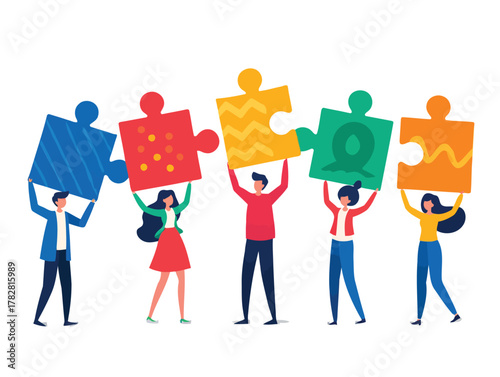 Multi-ethnic business people holding hands and a sign on a white background, symbolizing teamwork, unity, and community togetherness