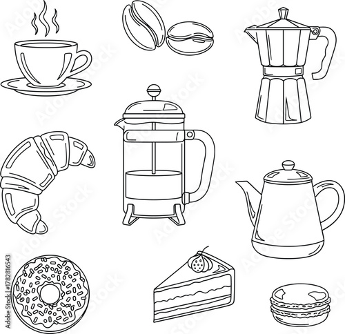 Collection of coffee and pastry illustrations isolated on white background
