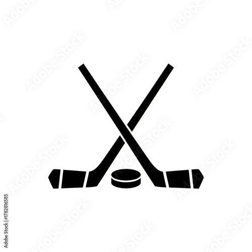 Minimalist Hockey Icon: Crossed Hockey Sticks & Puck in Simple Black & White Graphic, Ideal for Sports Apps, Winter Games Designs, and Game Day Promotions
