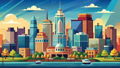 Very beautiful downtown skyline of Boston, Massachusetts, USA, featuring iconic buildings, modern skyscrapers, historic architecture, and a realistic vibrant urban cityscape under clear skies.