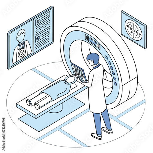 Doctor operating MRI scanner with patient and medical screens