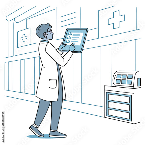 Doctor reviewing medical chart on tablet in clinic Keywords: doctor, physician, medical