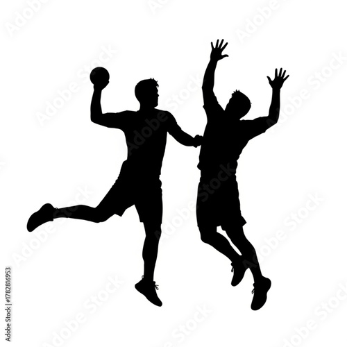 Dynamic Black Silhouette of Handball Players in Action, Vector Illustration, Intense Match, Sports Graphic, Team Sport, Athletic Competition, Strength and Agility Display