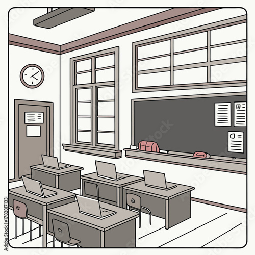 Empty classroom with desks and laptops school education