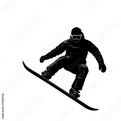 Dynamic snowboarding vector illustration, black silhouette of snowboarder in action, winter sport graphic design for posters and website, extreme sports, cutout style