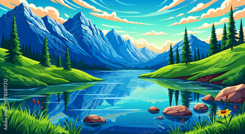 Beautiful Mountain Landscape with Calm Lake and Reflection, Green Hills, and Blue Sky with Fluffy Clouds