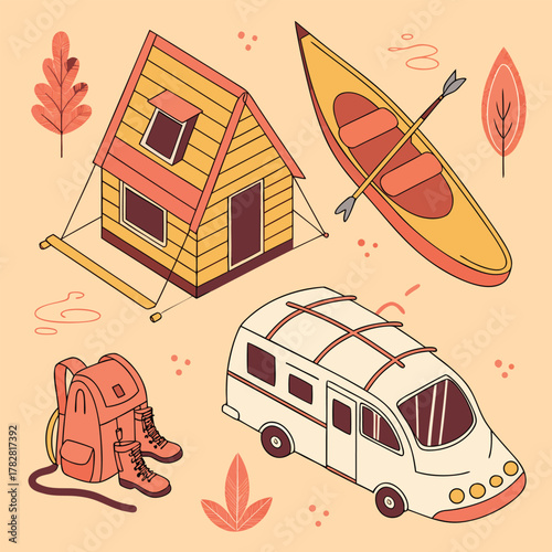 Flat design isometric illustration of outdoor adventure gear