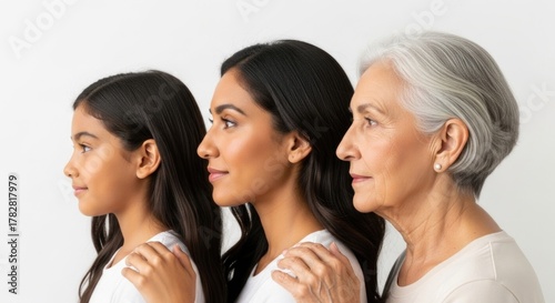 Human age portrait: youthful face, grown figure, senior body, childhood phase, adult moment, old presence, life cycle, temporal flow, personal transition, visible shift, aging mark, generational