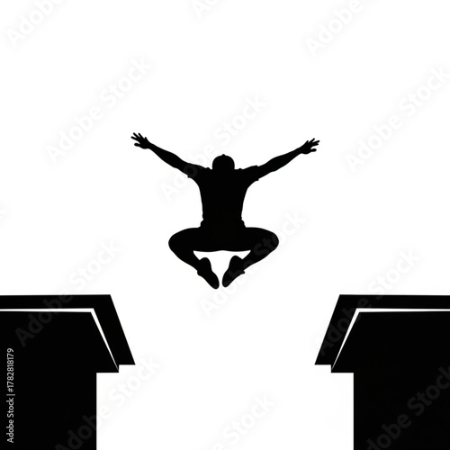 Dramatic silhouette of athlete jumping the gap between two rooftops, concept of achievement and overcoming challenges, action shot in minimalist black and white aesthetic