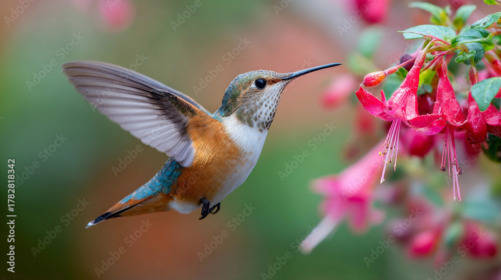 Fototapeta premium Hummingbird feeding on vibrant flowers in a spring garden