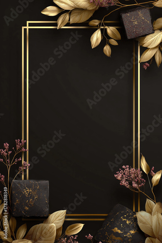 Elegant black and gold frame with decorative flowers and chocolates